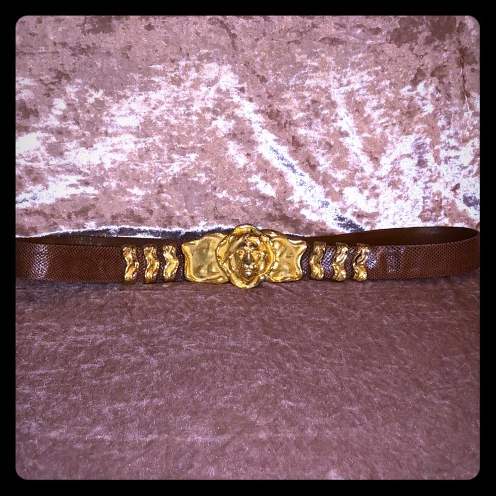 Vintage Judith Leiber Lion Head Brown Leather Belt